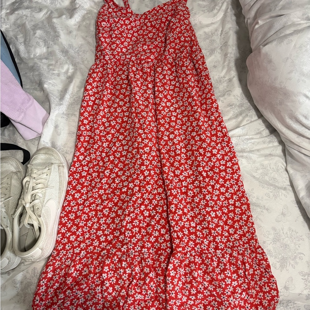 Old Navy Red Asymmetrical Dress with White Floral Pattern